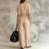 Damen Freizeit Zweiteiler V-Ausschnitt Kurzarm Lockerer Oberteil und Weite Hosen Elastische Taille Loungewear Sommer Outfit
