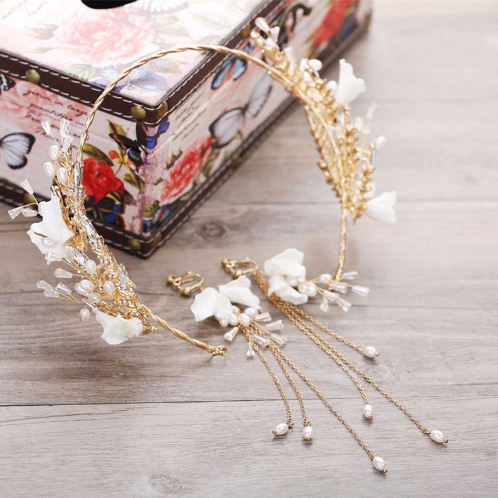 Tassels Earring Bridal Headwear Earring Pearl Crown Elegant Flower Hairband  Women Lady