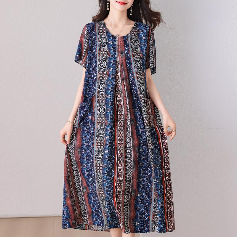 Übergröße, langes Sommerkleid mit Vintage-Druck für Damen, elegantes, kurzärmeliges, lockeres Sommerkleid in Übergröße