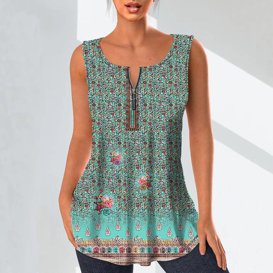 Women's Fashion V Neck Shirts Casual Tops T-shirt Ladies 3D Retro Pattern Print Vest Plus Size Sleeveless Blouse Tank Tops