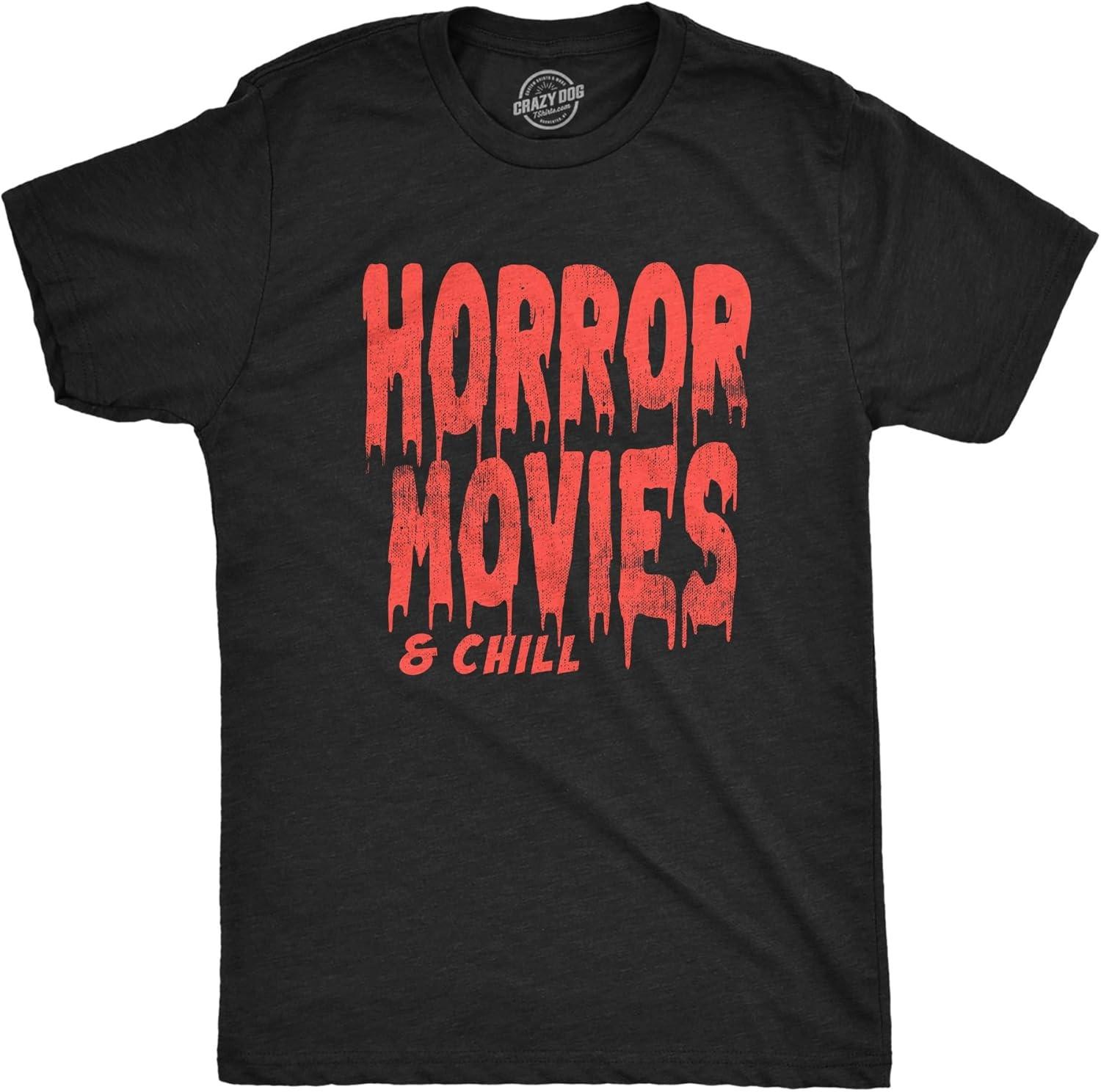 Mens Horror Movies and Chill T Shirt Funny Halloween Movie Date Night Joke Tee for Guys S