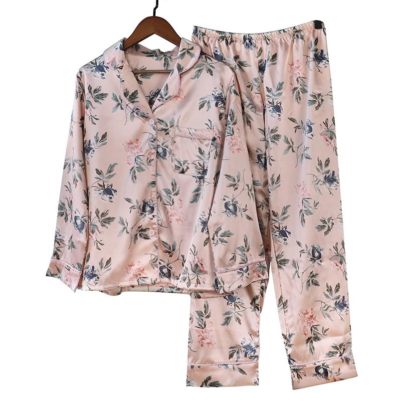 Drucken Blumen Pyjamas Set Frauen Koreanische Hause Tragen Lange Ärmeln Set Satin Lange Hose Casual Chic Nachtwäsche Trend