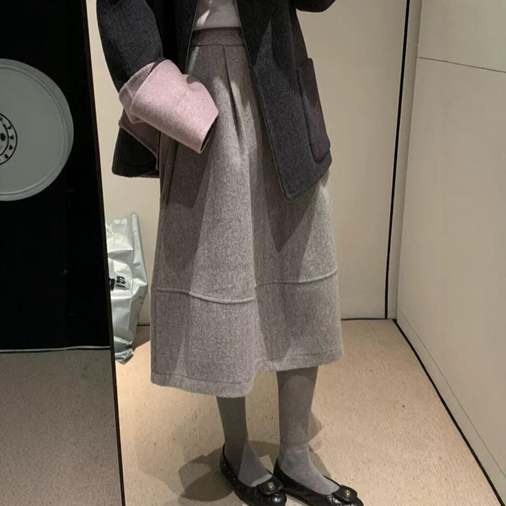 Women's Gray Wool Bud-Shaped A-Line Skirt - Autumn/Winter, Petite, Wide Hem