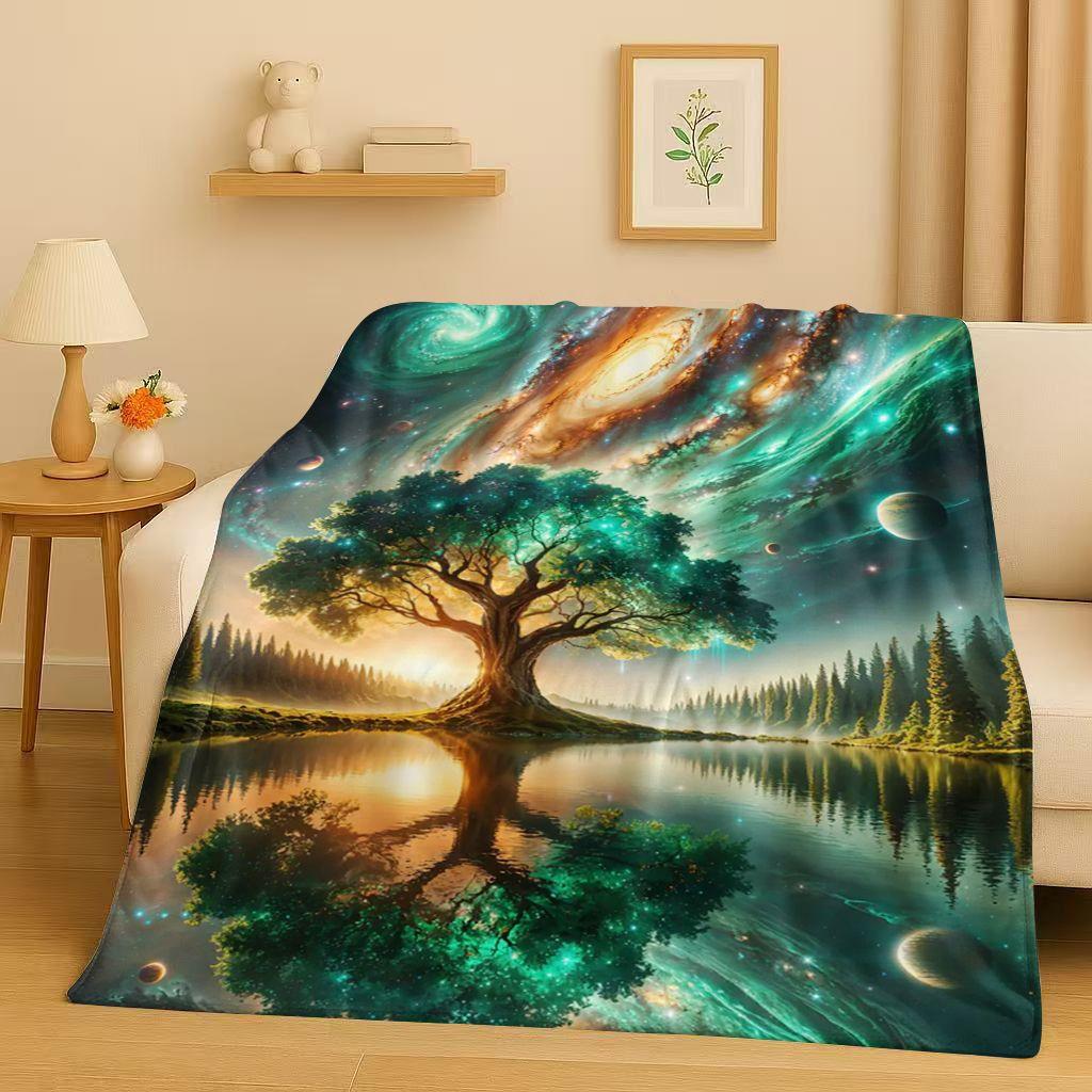 Retro Kleurrijke Levensboom Yggdrasil Keltisch Runen Flanellen Deken, Ultra Zachte Pluche Plaid voor Huis Slaapkamer Bed Bank Cover Kinderen