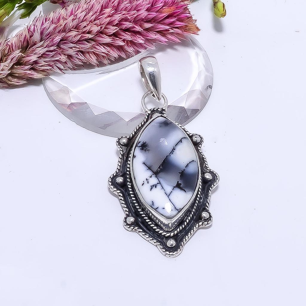 Dendritic Agate - Brazil 925 Sterling Silver Pendant V9063, White Pendant, Marquish Pendant, Valentin's Day Gift, Gift For Her, Birthday Gift, Handmad