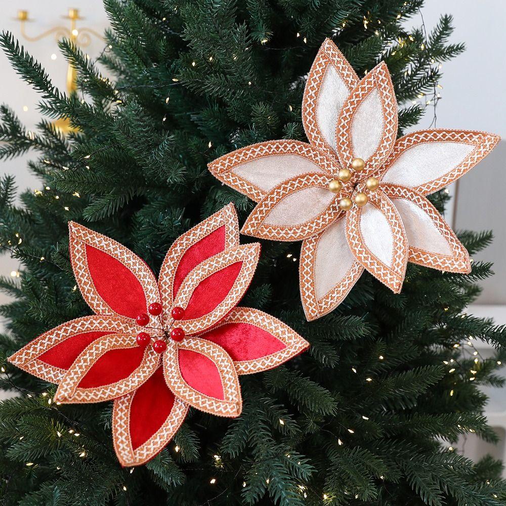 Gold Red Fake Flower Fabric Plastic Xmas Tree Decorations High Quality Glitter Poinsettia New Year