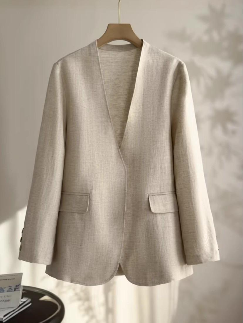 

Endi 100% Linen Oatmeal Collarless Blazer - Spring Style, Loose Fit Medium