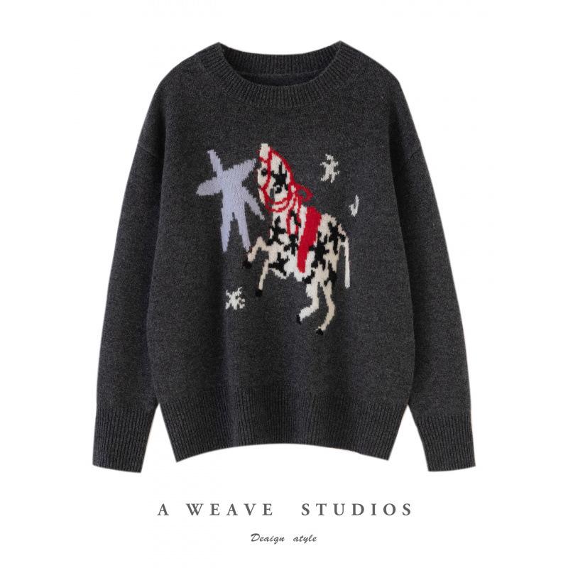 2025 Autumn/Winter Women's Pure Wool Round Neck Jacquard Horse Sweater