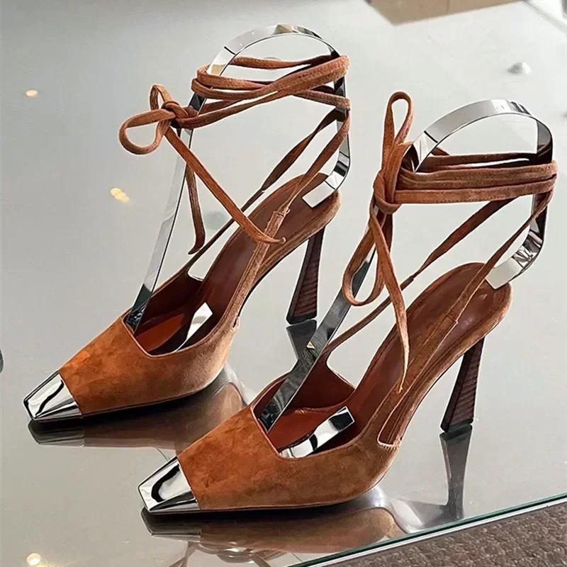Fashion Metal Decorative Sexy Pointed Toe High Heels Women Ankle Strap Suede Women Pumps Summer Elegant Heeled Sandals Tacones Mujer