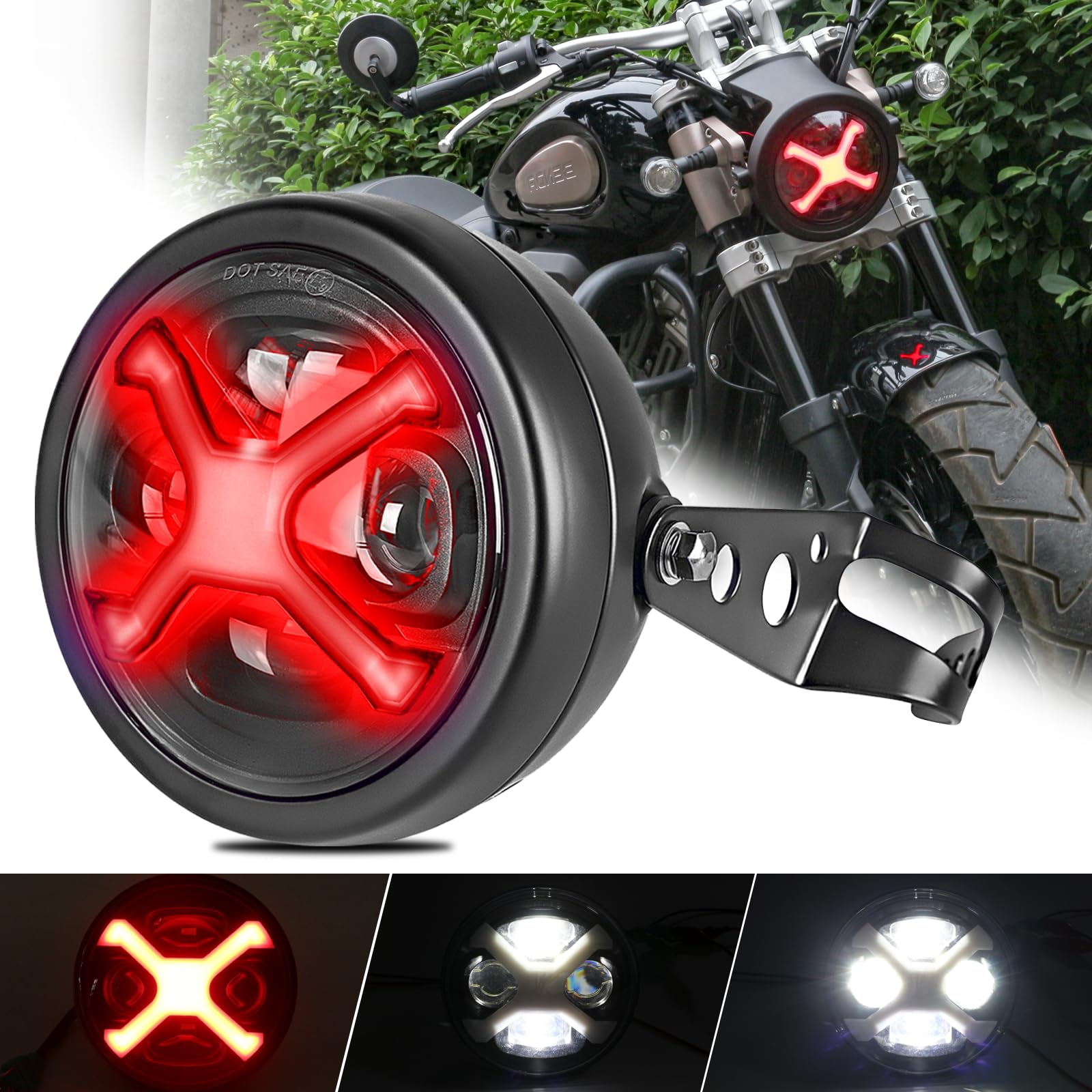 

Vancroser Motorcycle Red DRL with White Switching with High Vehicle Inspection Compatible with Harley Yamaha Honda Rebel Cafe Universal Motorcycle