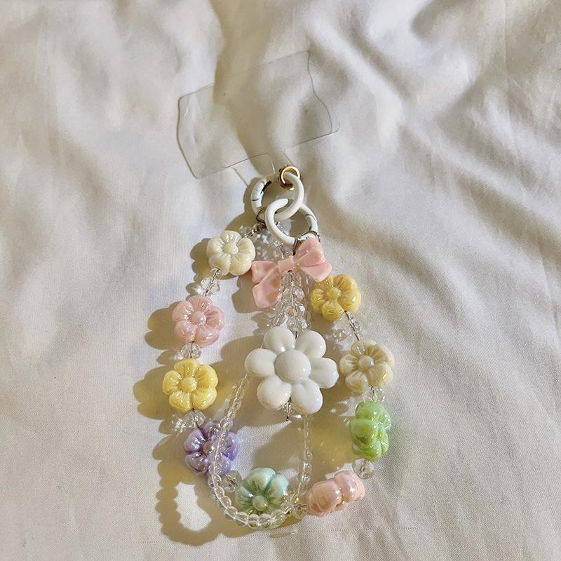 Bracelet de perles d'amour pour femmes, petit nœud en cristal frais, fleurs, amour, chaîne de téléphone portable, anti-chute, accessoires de coque de téléphone portable, DIY