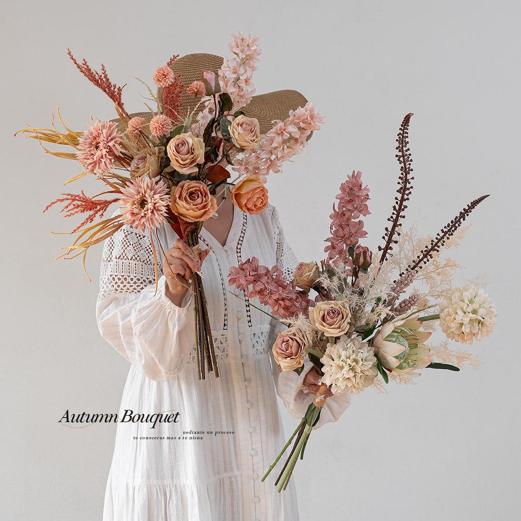 French Retro Handheld Artificial Flower Bouquet - Realistic Decorative Fake Floral Photography Props for Home Decor.