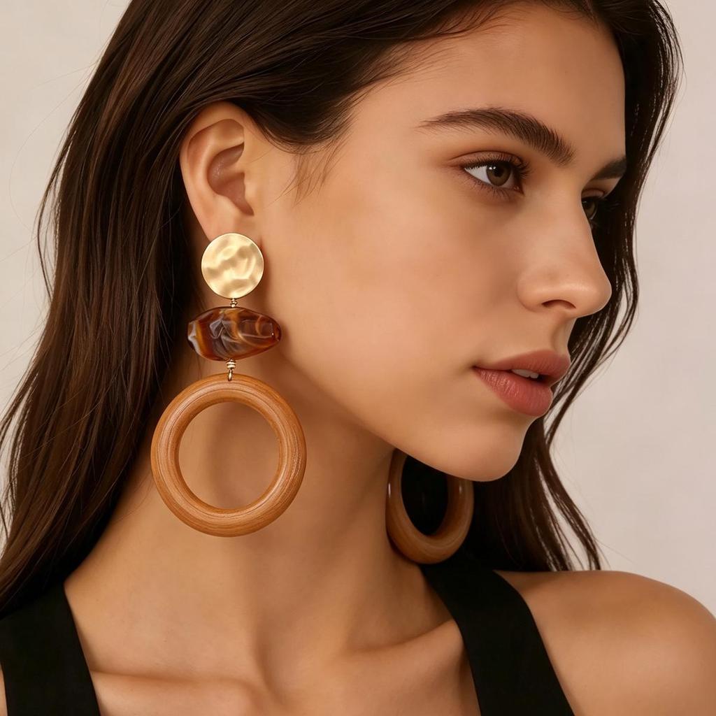 Resin Round Hollow Circle Coffee Color Luxury Earrings for Women