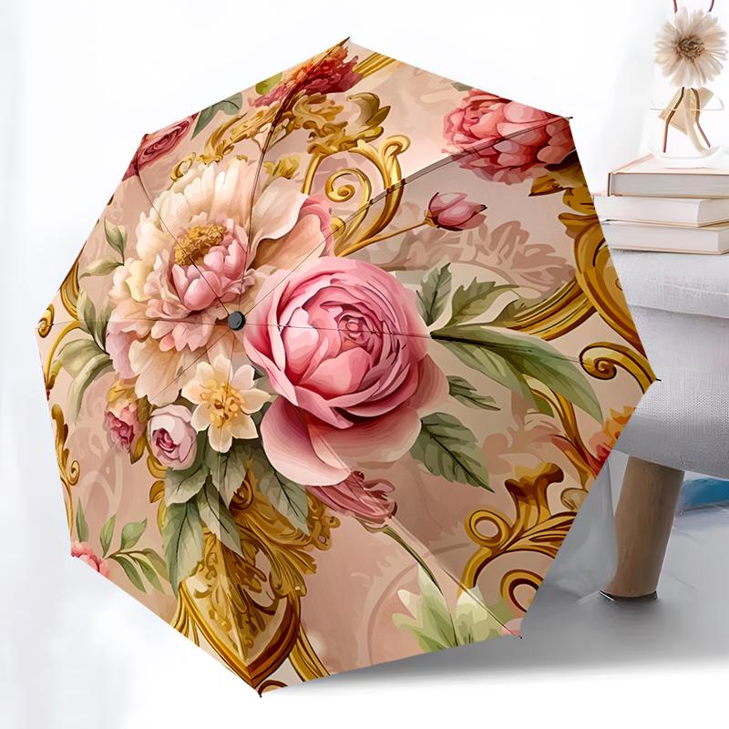 Flower Theme Folding Umbrella - Fashionable Auto-Open Design 8 Iron Ribs Plastic Handle Foldable Sunshade Perfect Christmas Gift