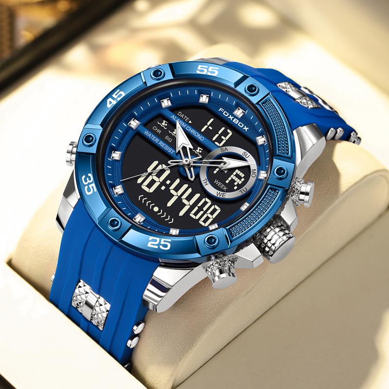 FOXBOX Top Luxury Quartz Wrist Watch For Men Business Steel Waterproof Sports Dual Display Military LED Digital Watches+Box