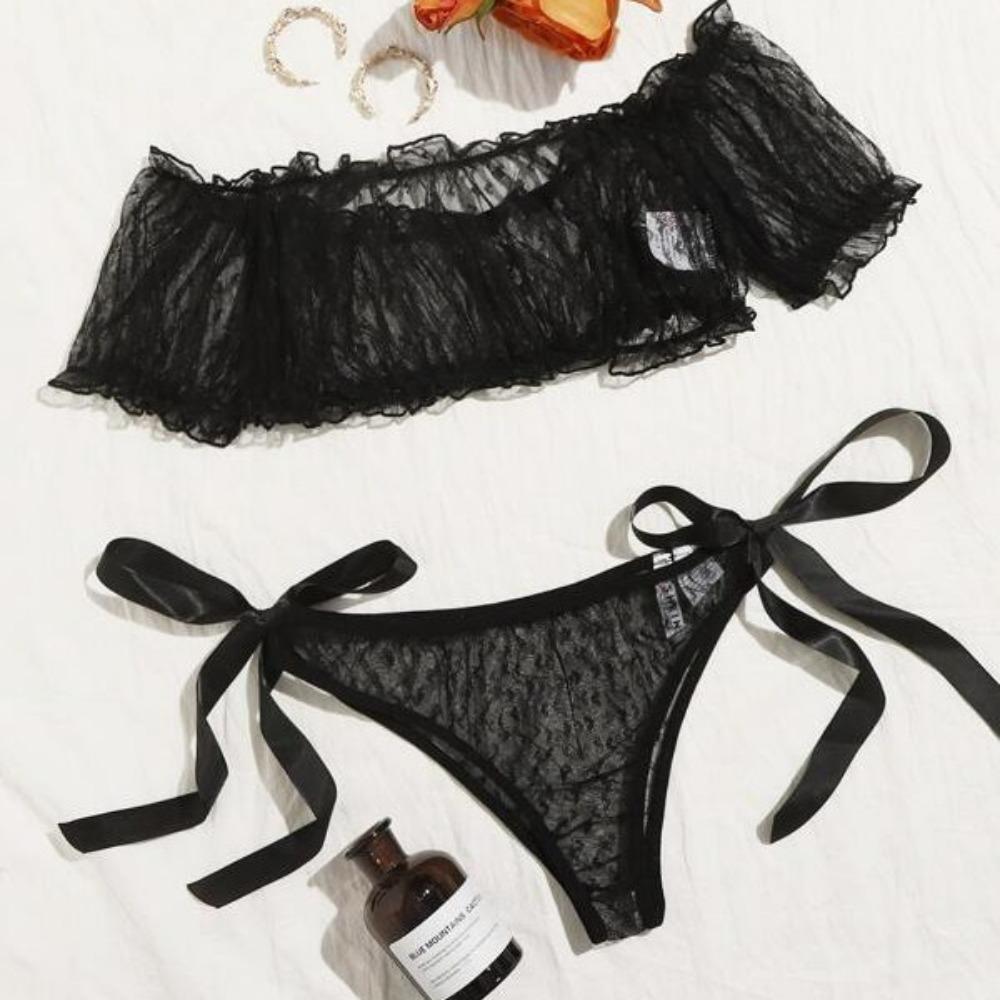 Duży rozmiar Jednokolorowy Top na Ramię Seksowna Bielizna Koronkowa Pure Desire Biustonosz Bielizna Dwuczęściowy Zestaw Perspektywiczny