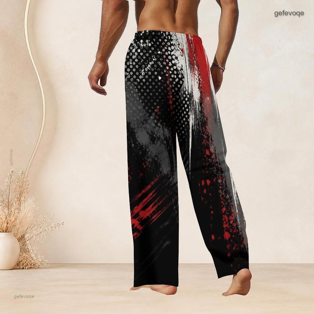 Men Plus Size Drawstring Waist Black Pink Printed Straight Leg Full Length Beach Pants