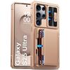 With Card Holder Sliding Camera Cover And Stand For Samsung Galaxy S25 Ultra Phone Case, Anti-Fall PC+TPU Wallet Case-Champagne