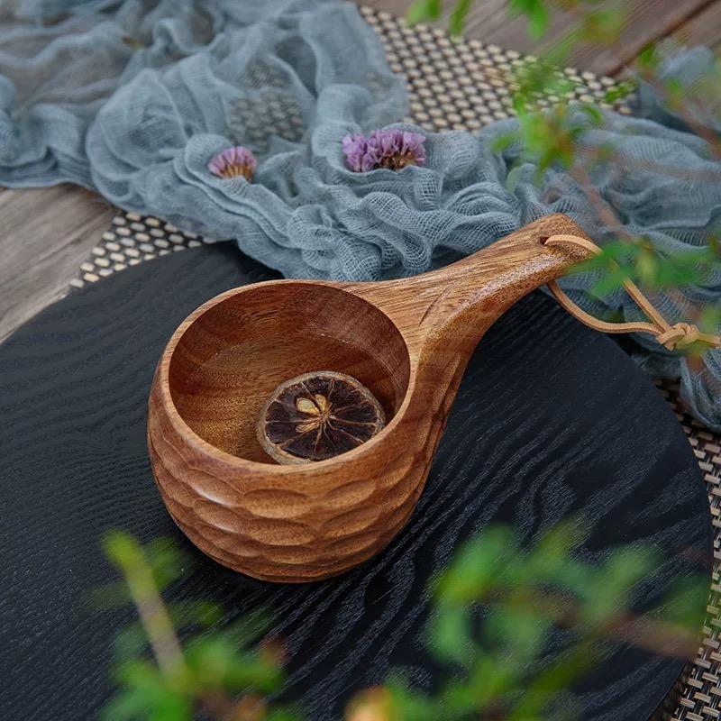 Wooden Finnish Cup Camping Outdoor Wooden Cup Acacia Wood Handle Handy Cup Pure Handmade Creative Milk Coffee Cups