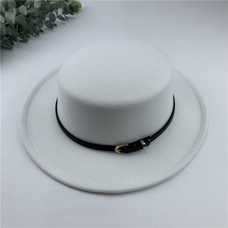 Autumn and winter British European and American style belt buckle flat top top top hat men's and women's wide brim sunshade retro woolen black ja