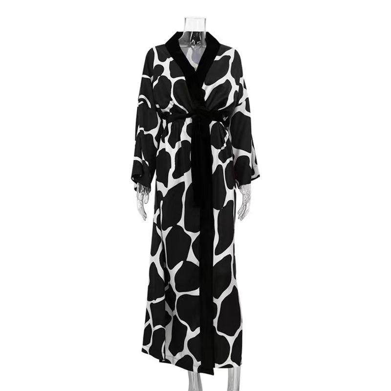 

Fashion Style Three-Quarter Sleeve Nightdress Print Cardigan Dress Home Wear Lace-up Cardigan Dress Black S