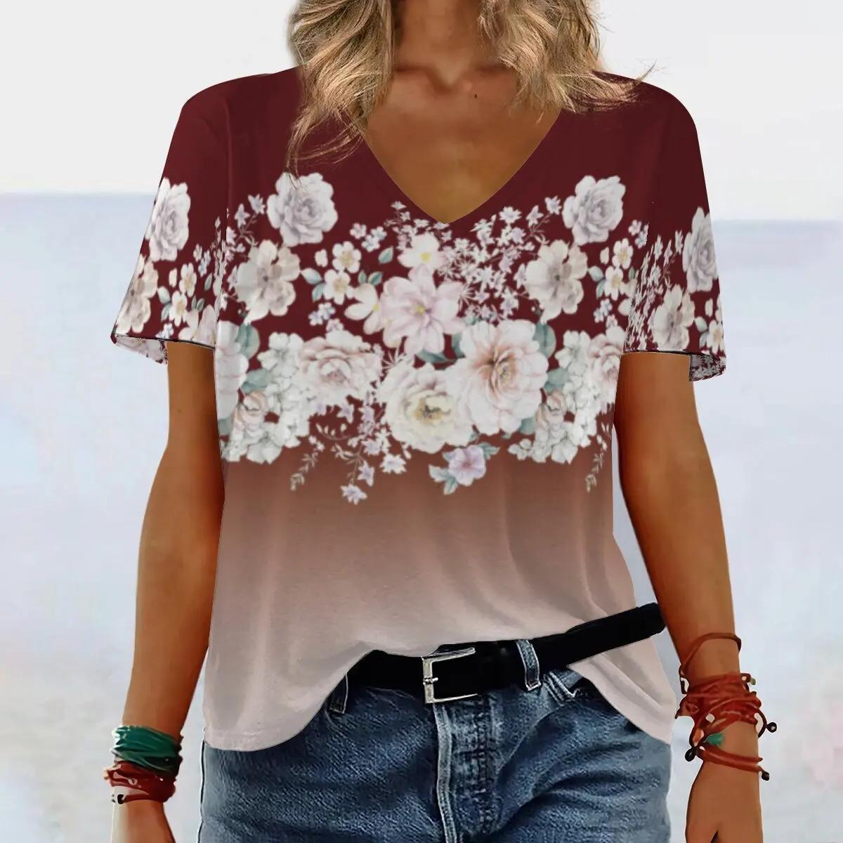 

Новая минималистичная футболка с цветочным узором, напечатанная на 3D-принтере, женская, свободного кроя, с V-образным вырезом и короткими рукавами 5XL