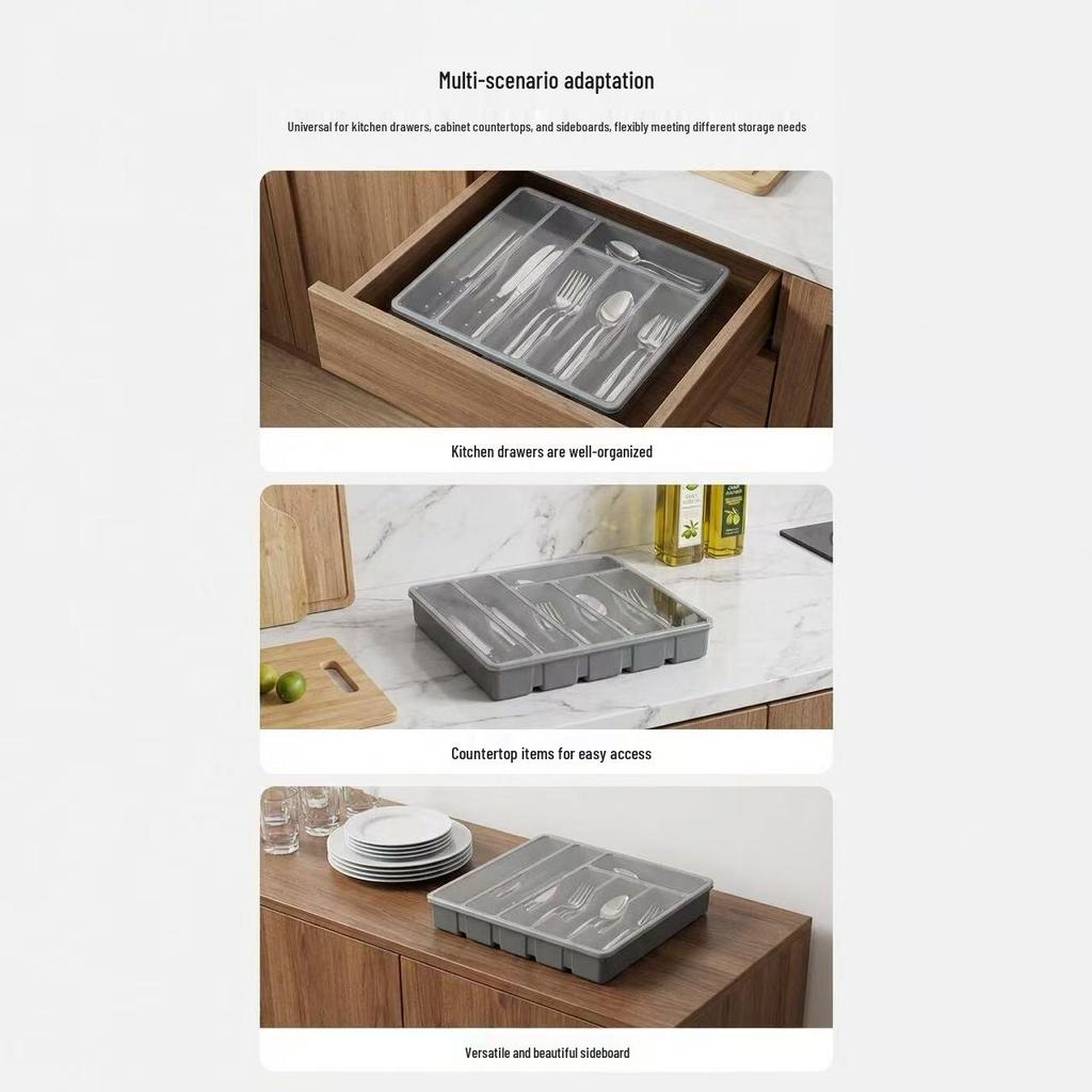 PP Lid Drawer-Type Cutlery Organizer with Six-Grids: Large Capacity Storage for Kitchen Knives, Forks, and Spoons