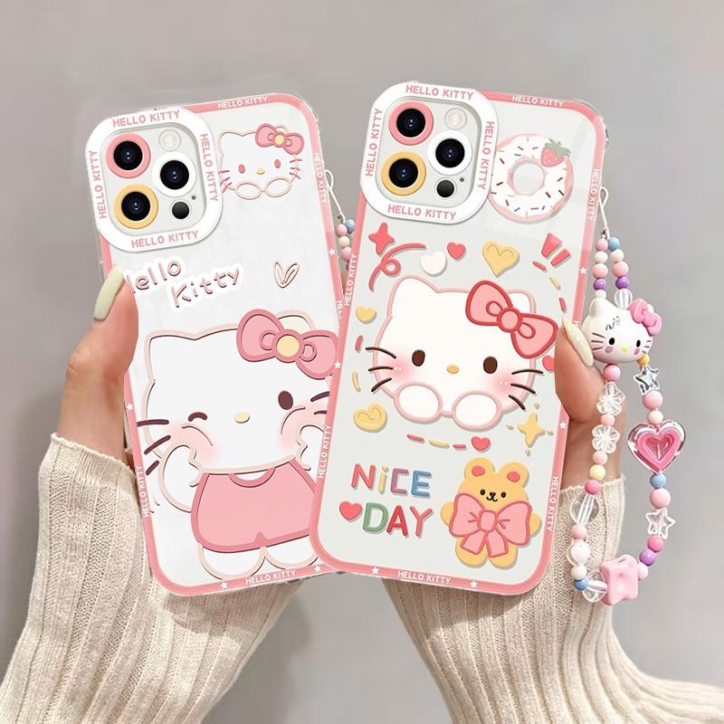 Cartoon Hello Kitty Bracelet Chain Casing For Iphone 17 16 Pro Max 17 Air 15 14 12 13 11 Pro Max X13 Mini 16e 15 Plus Clear Case