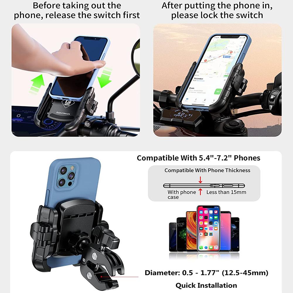 Motorcycle Phone Holder One-Touch Auto Quick Lock Bike Phone Mount ATV Bicycle Scooter Phone Holder with Aluminum Handlebar Base