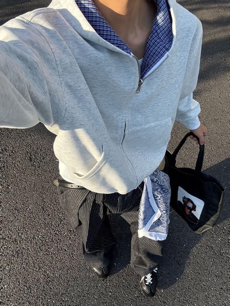 Men's Reversible Gray Plaid Hoodie Cardigan - Autumn, High-End, Heavy-Weight, Couple's Style