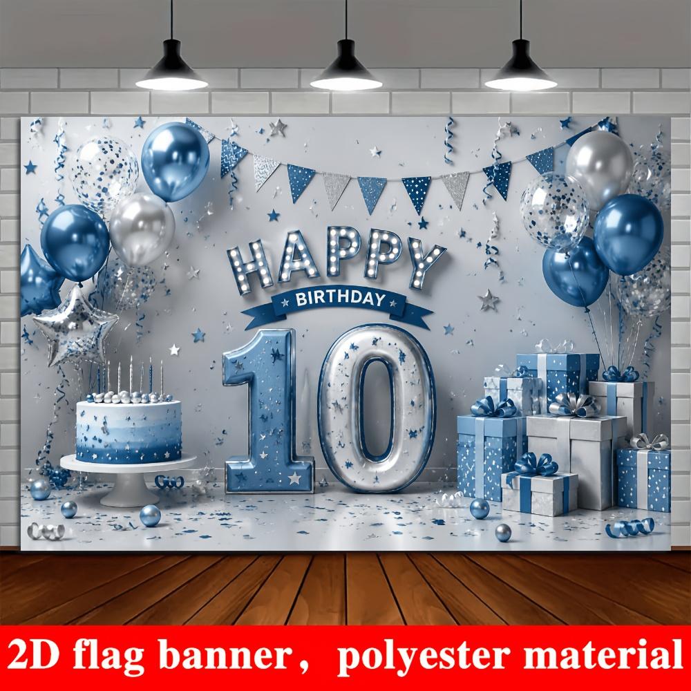 Blue Silver 10th Birthday Banner Backdrop Balloons Cake Gift Boxes Stars