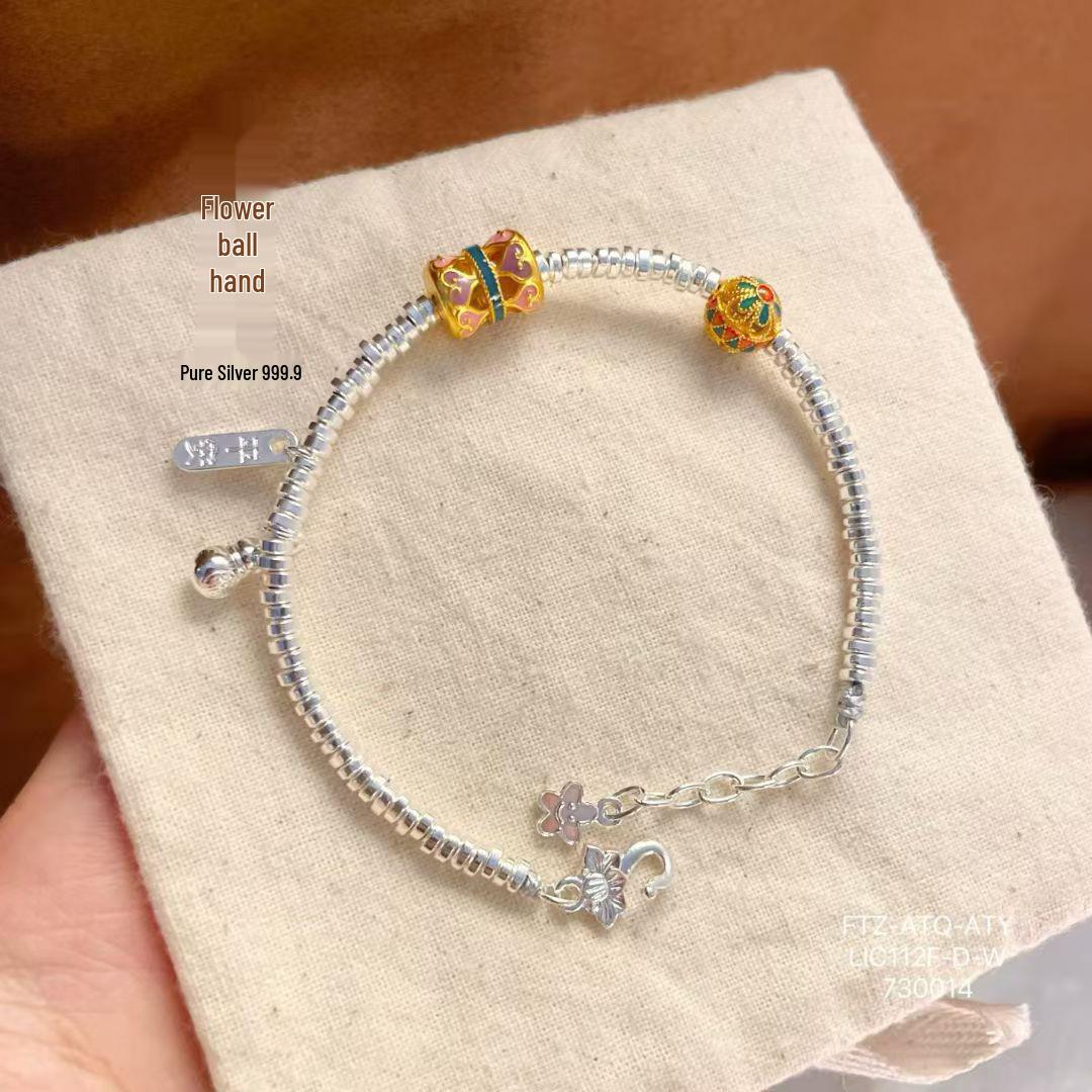 

S999.9 Sterling Silver Enamel Floral Ball Bracelet - Elegant Gift for Best Friend or Girlfriend s Birthday 999.9 Pure Silver