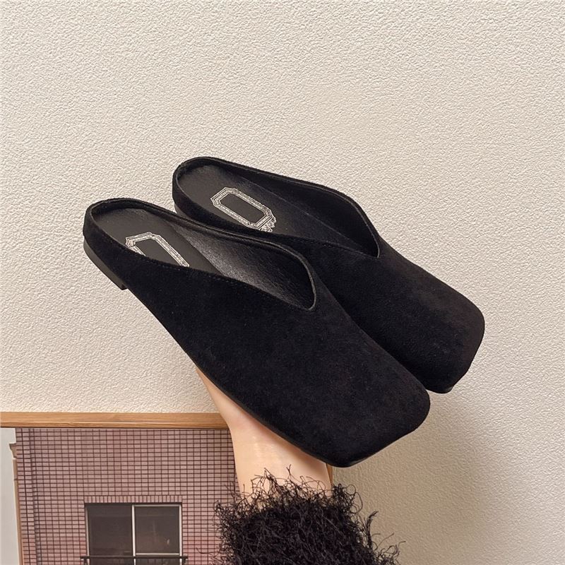 Retro Square Head Half Slippers Women's New Spring and Summer Suede Bag Head Soft Sole Flat Heel Slippers Flat Heel Shoes Large Size Shoes