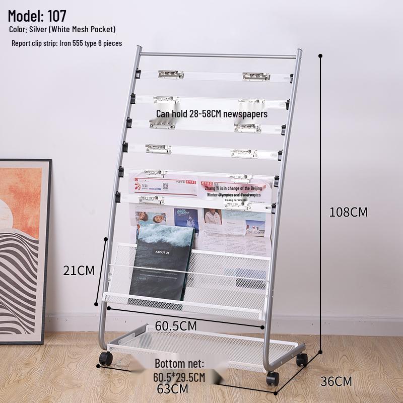 Floor-Standing Magazine, Newspaper, and Book Display Rack for Promotional Material and Office Storage