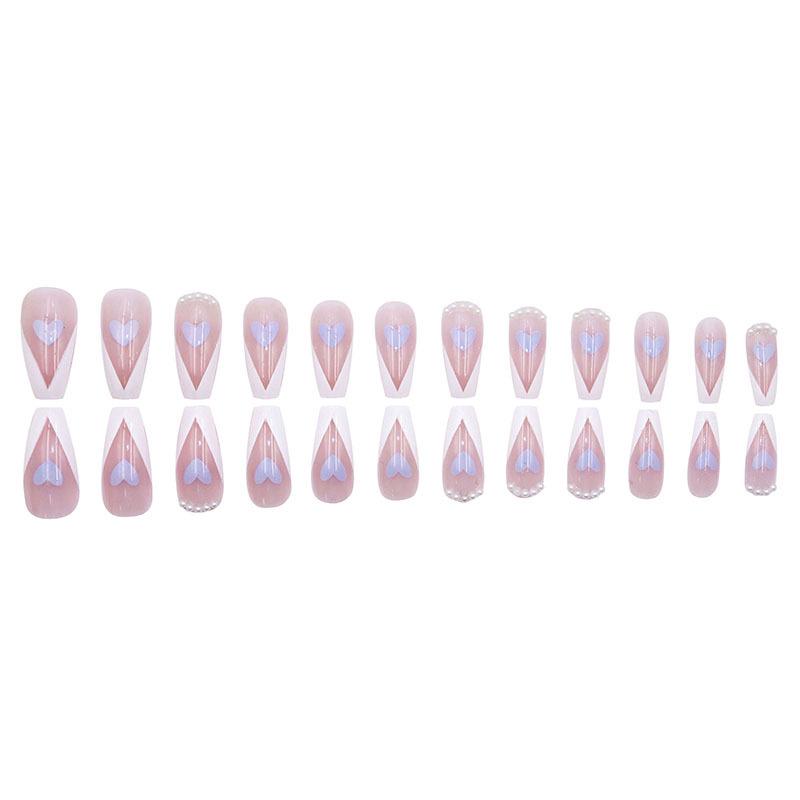 Summer Fresh Heart Pearl French Manicure Wearable Long Nail Tips