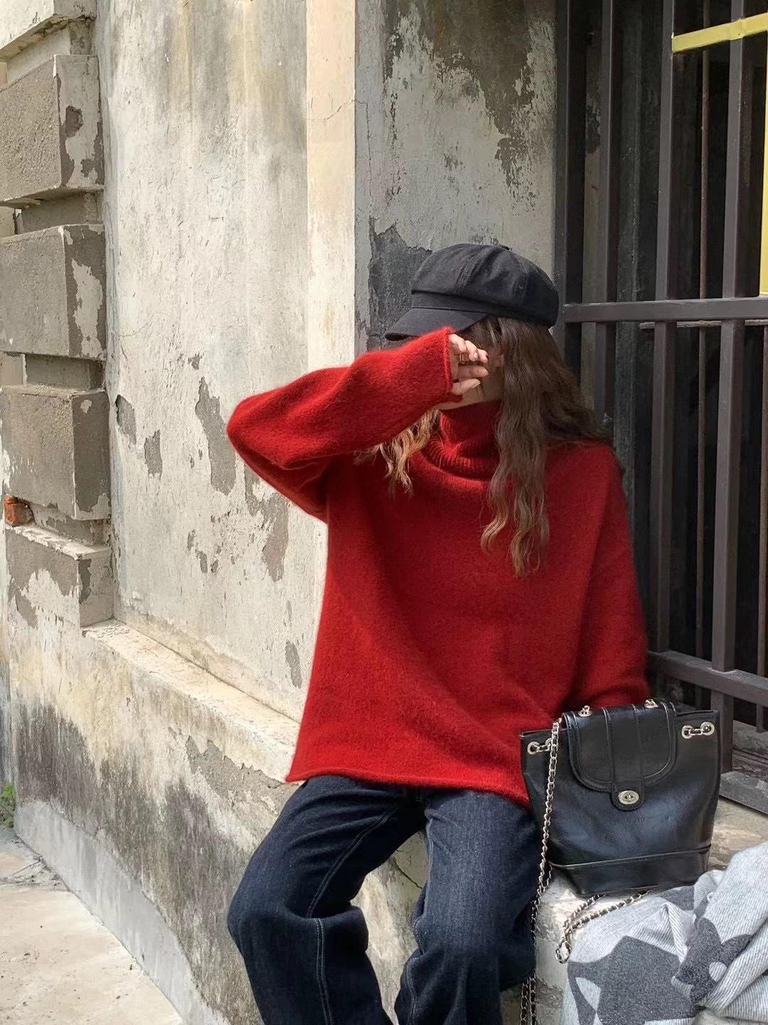 

Женский свитер с высоким воротником из высококачественной чистой шерсти в европейском стиле: Осень/Зима Мягкий, Утепленный, Рулик, Свободный крой. XXXL