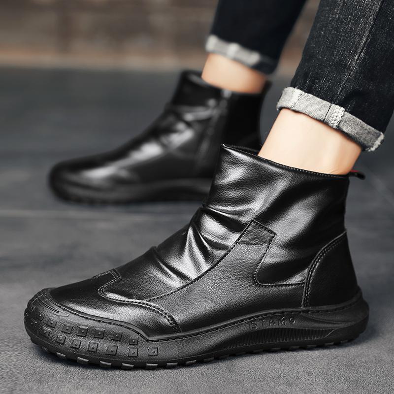 Fashion Leather Men's Boots Anti Slip High Shoes Autumn Flat Zipper Pleated Non Slip Comfort Thick Soled Wear-resistant Fashion Boots