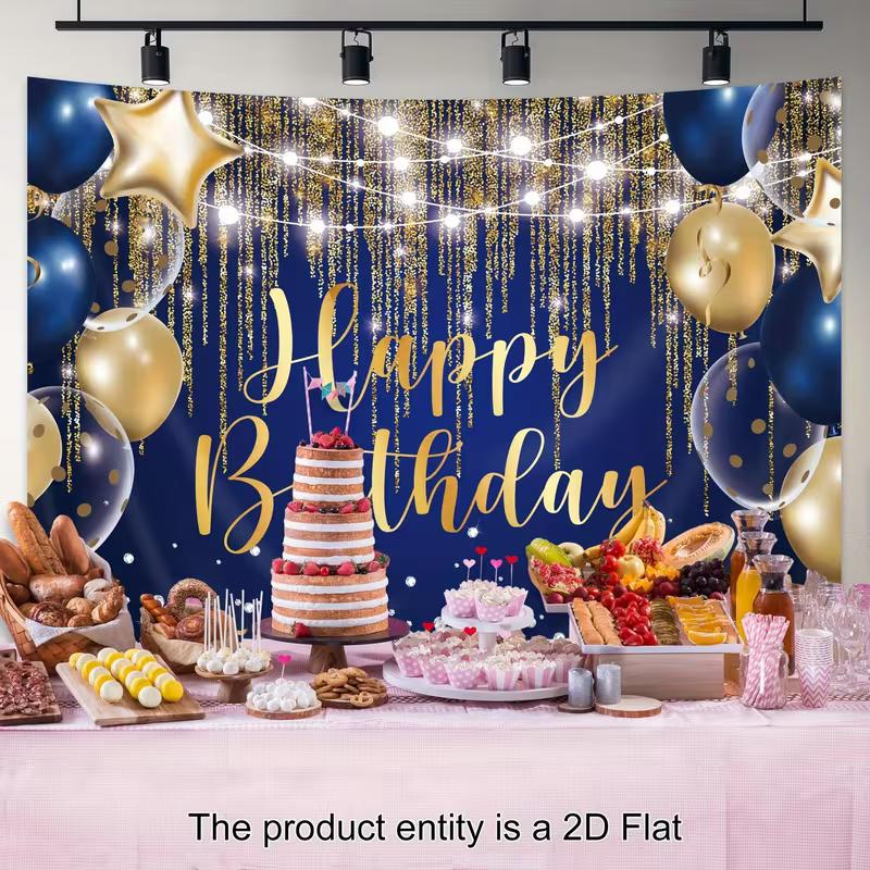 2D Printing Luxury Navy Blue Birthday Tapestry, Gold Glitter Party Wall Decor