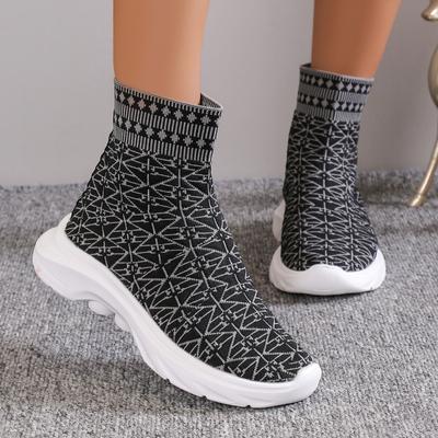 Bottes à plateforme épaisses à la mode pour femmes 2024 Automne Bottines tricotées élastiques à enfiler Femme Bottes mi-mollet Chaussures chaussettes Taille 43