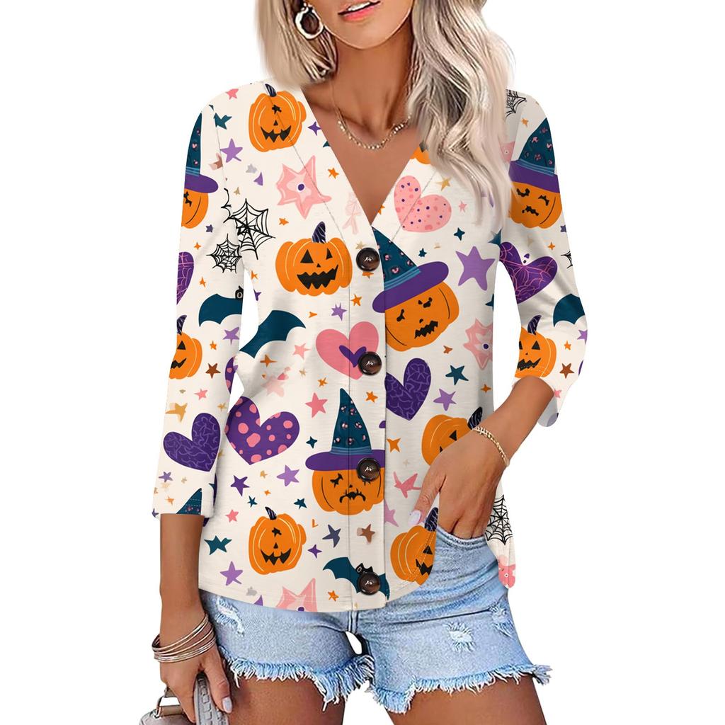 Damenmode Lässiges bedrucktes Button-Down-Hemd 3/4 lange Ärmel Oberteile