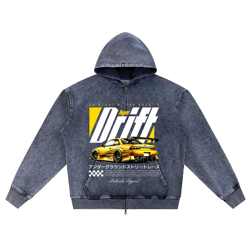 DTG print Knitted Denim Zip-Up Hoodie Hyper Drift Brother Print Zipper Hoodies  