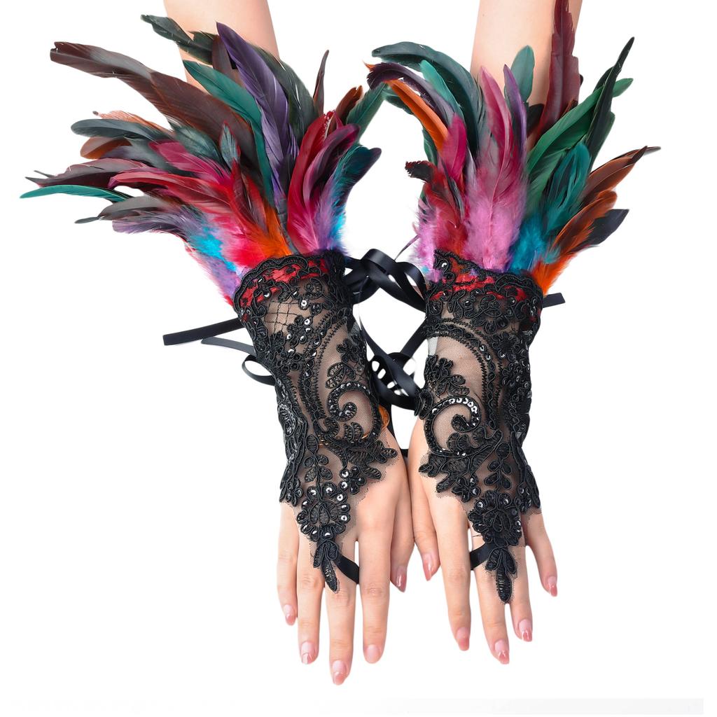 Halloween Costume, Feather Hook Finger Gloves, Party Ball, Black Lace, Wristband Sleeve Accessories