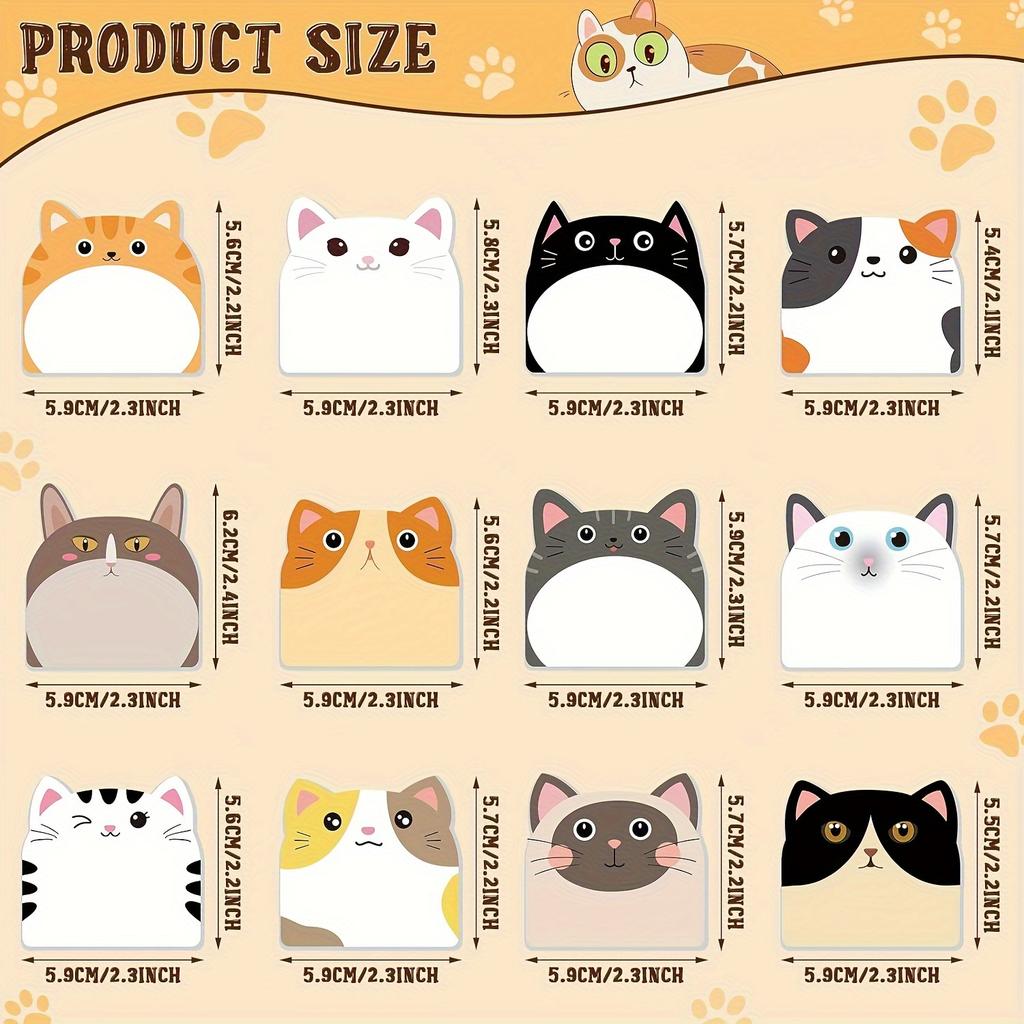 12pcs Cute Cat Sticky Notes, Creative Journal Convenience Stickers, Suitable For Notebook And All Kinds Of Note Taking Occasions