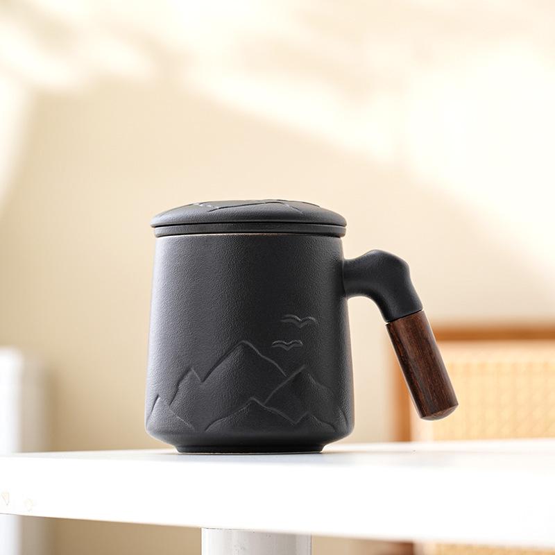 Ceramic Tea Brewing Cup: Coarse Pottery Personal Mug with Engraving - Perfect for Office or Souvenir Gift