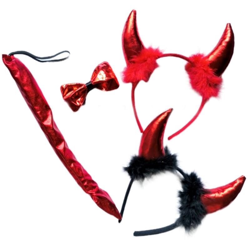 Teufelschwanz Kostüm mit Teufel Stirnband Fliege Halloween Teufel Cosplay Zubehör für Damen Teenager Maskenball Cosplay Party