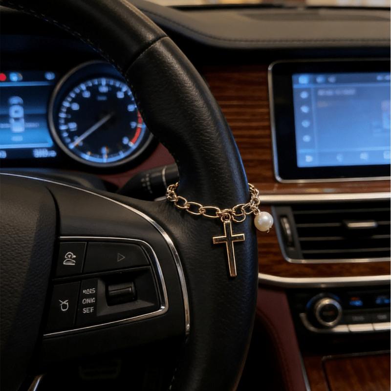Vintage Gold Chain Steering Wheel Decor - Pearl And Coin Pendant Fashionable Car Interior Accessories