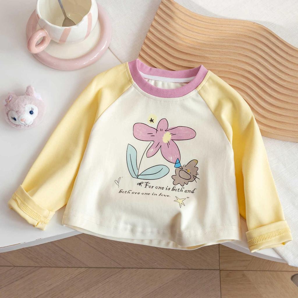 Koreańska Jesienna Koszulka z Długim Rękawem dla Dziewczynek: Uroczy, Blok Kolorów, Wszechstronny Nadruk