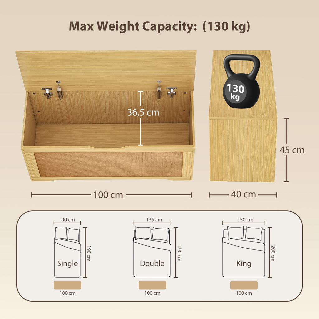 Rattan Storage Chest, 136 L, Storage Bench, Lift-Up Lid, 2 Safety Hinges, Oak