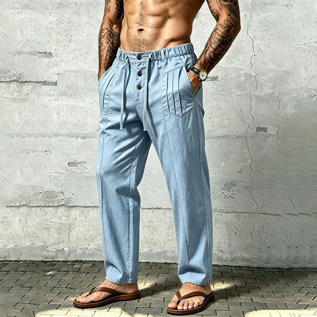 Herren Casual Leinenhose mit Bund Gerades Bein Farbe