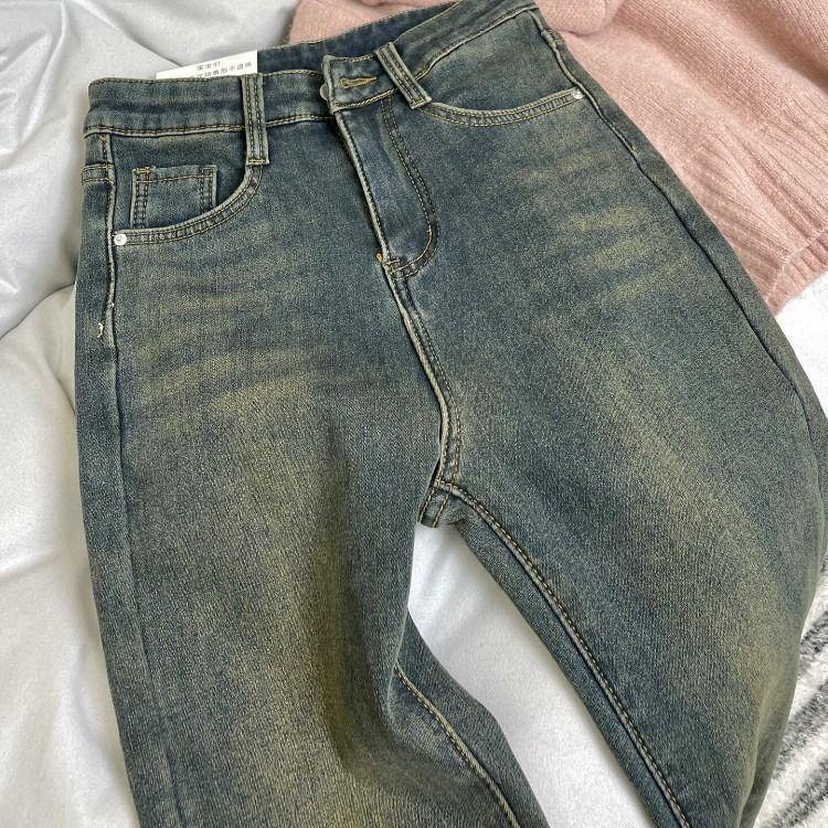 

Women s Plus Size Retro Blue Velvet Micro-Flare Jeans - High Waist Slim Bell Bottoms for Autumn/Winter XXXS includes belt